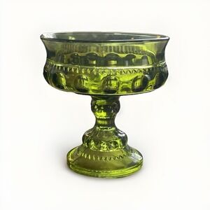 Indiana Glass Kings Crown MCM Green Pedestal Compote Bowl Vintage Avocado